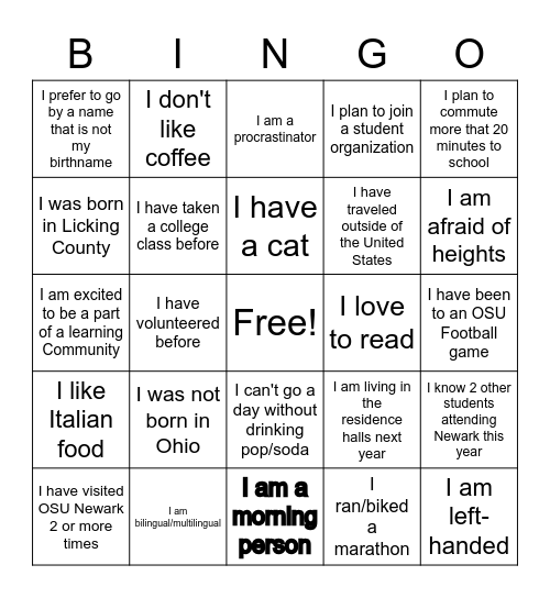 Learning Community Bingo Card
