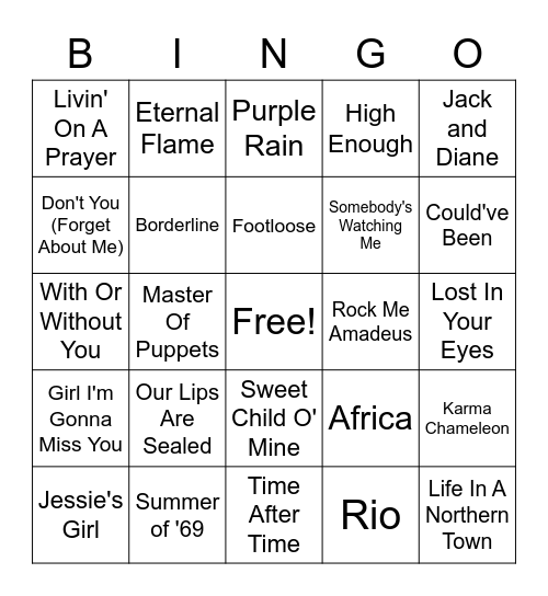 1980s Music Bingo Card
