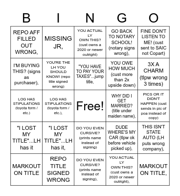 Total Loss Bingo Card
