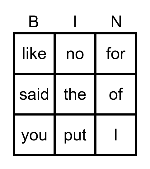 Memory Word Bingo Card