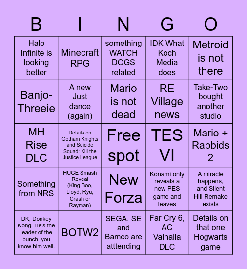 E3 2021 Bingo Card