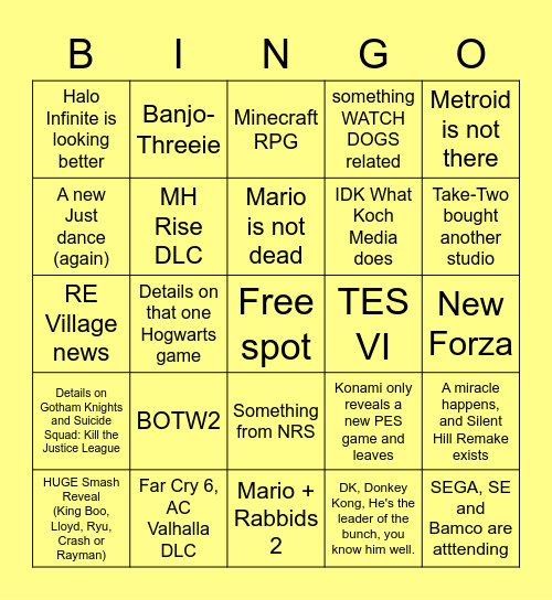 E3 2021 Bingo Card