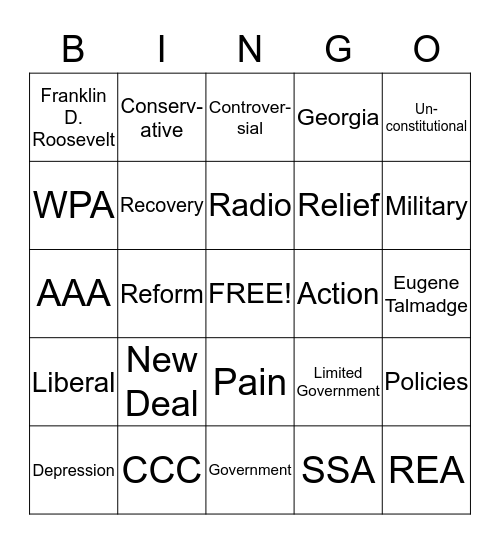 Great Depression #2 Bingo Card