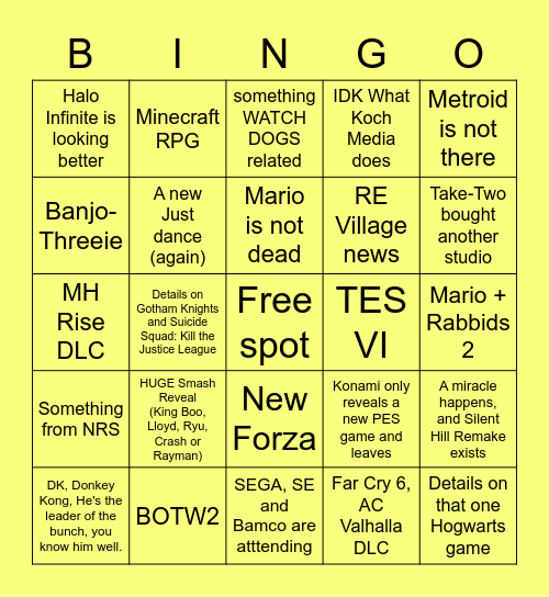 E3 2021 Bingo Card
