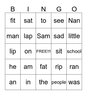 Phonics for Reading - Level 1 Lesson 1 Bingo Card