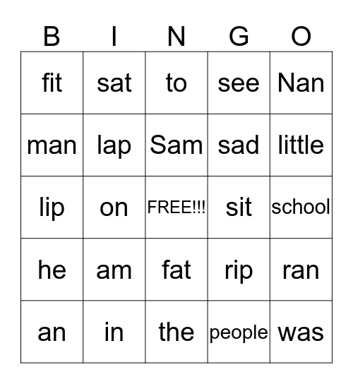 Phonics for Reading - Level 1 Lesson 1 Bingo Card