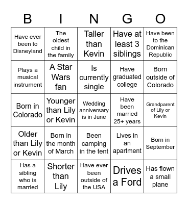 Lily and Kevin’s Life Bingo Card