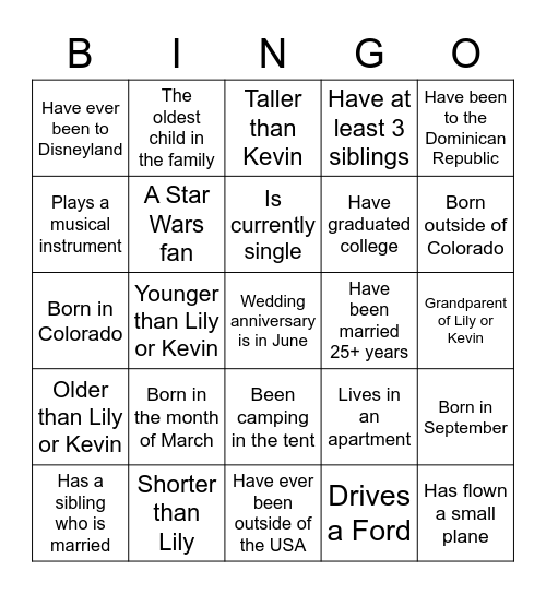 Lily and Kevin’s Life Bingo Card