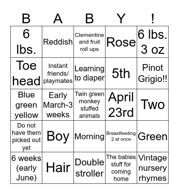 Anne's Baby Shower Bingo Bingo! Bingo Card