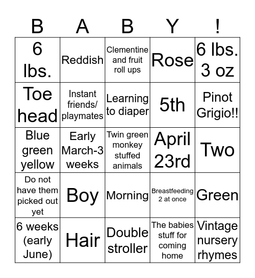 Anne's Baby Shower Bingo Bingo! Bingo Card