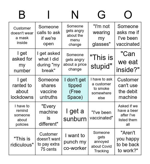 Dining is Open Again Bingo Card Bingo Card