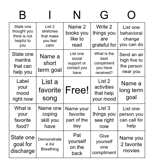 Mental Health Bingo Card