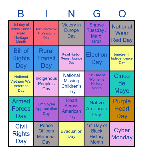 USA Observances Bingo Card