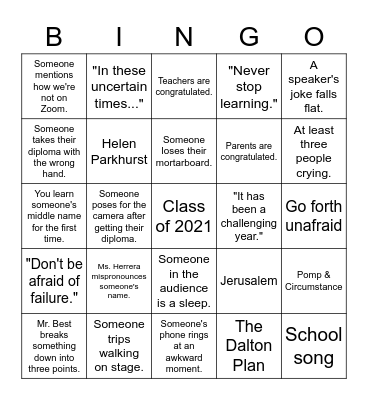 Graduation Bingo Card