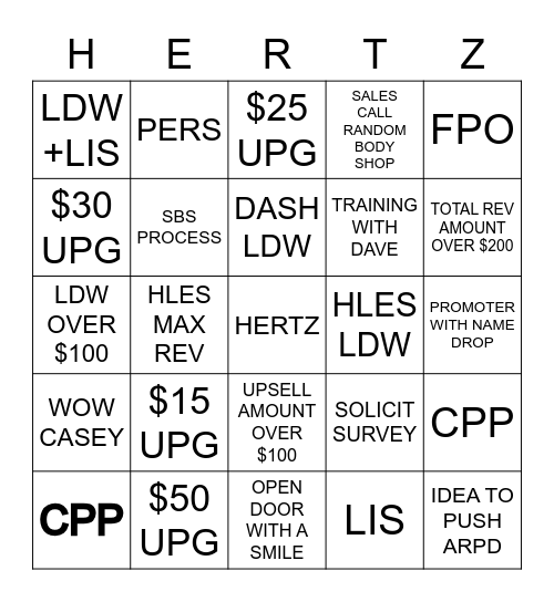 HERTZ CHALLENGE Bingo Card