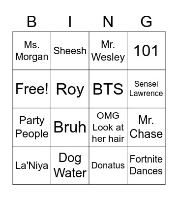 Team 101 Bingo Card