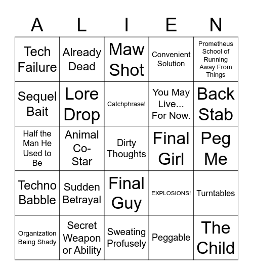 Aliens Vs Predators Bingo Card