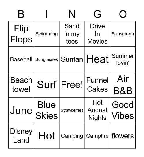 Summer Things Bingo Card