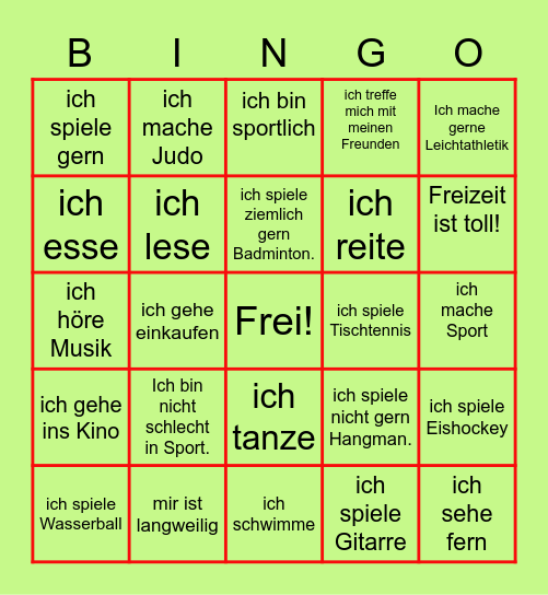 Was machst du in deiner Freizeit? Bingo Card