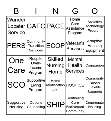 Options Counseling Bingo Card