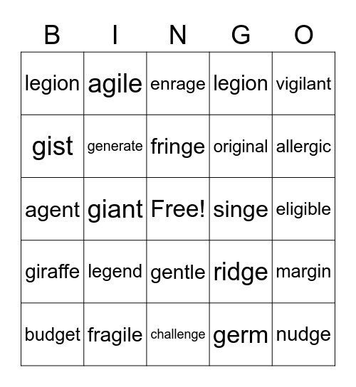 Hard/Soft g Words Bingo Card