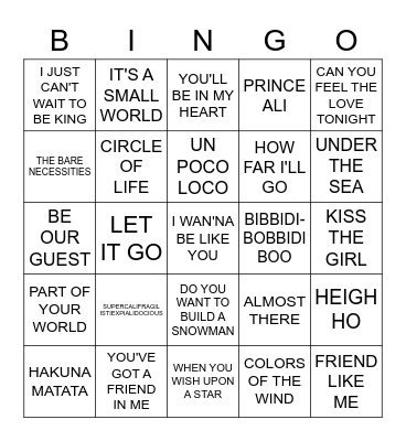 DISNEY Bingo Card