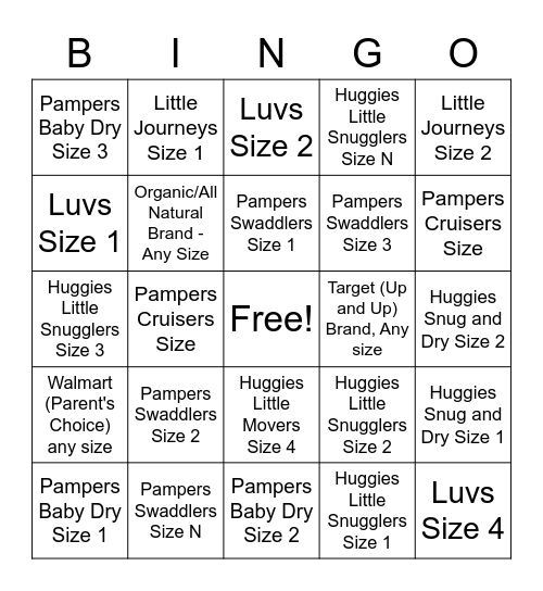 Diaper Shower Bingo Card