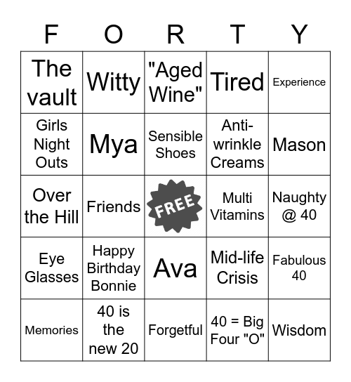 40th Birthday Bingo Card