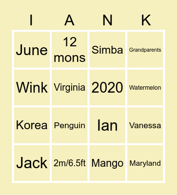Ian's 1st Birthday Bingo Card