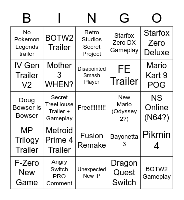 Nintendo Direct E3 Bingo Card