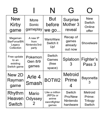 Nintendo Direct Bingo Card