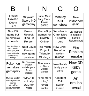 Nintendo E3 Bingo Card