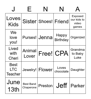 Happy Birthday, Jenna!! Bingo Card