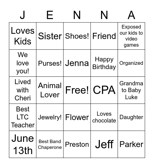 Happy Birthday, Jenna!! Bingo Card