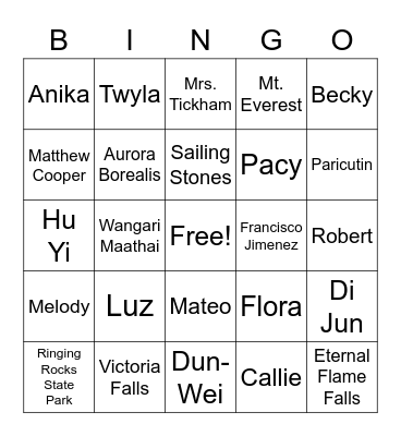 People and Places Bingo 2021 Bingo Card