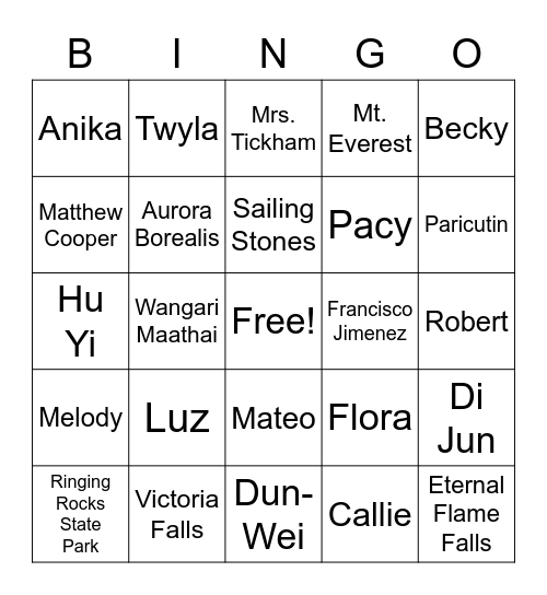 People and Places Bingo 2021 Bingo Card