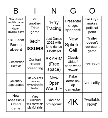 Ubisoft E3 conference Bingo Card