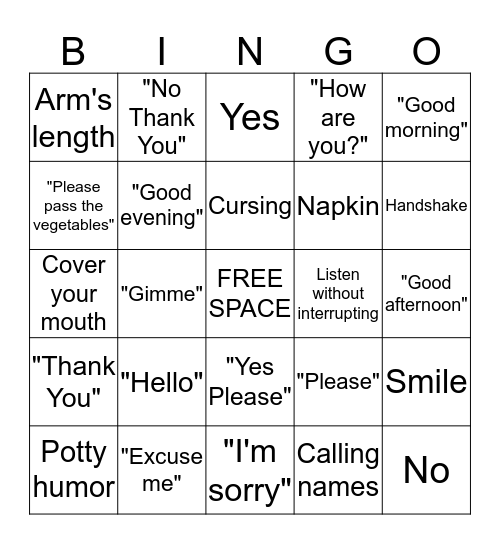 Manners Bingo Card