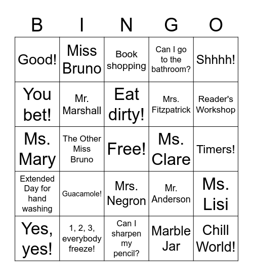 Second Grade Bingo Card