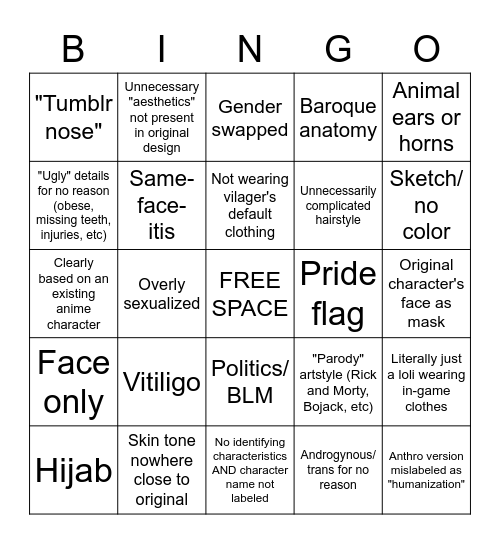 Humanized Animal Crossing Bingo! Bingo Card