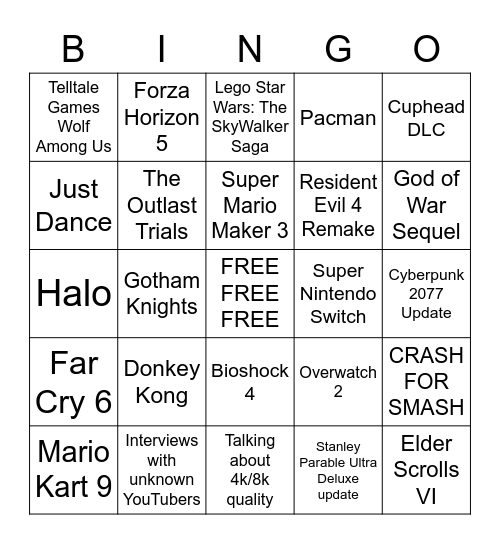 Wish List for E3 2021 Bingo Card