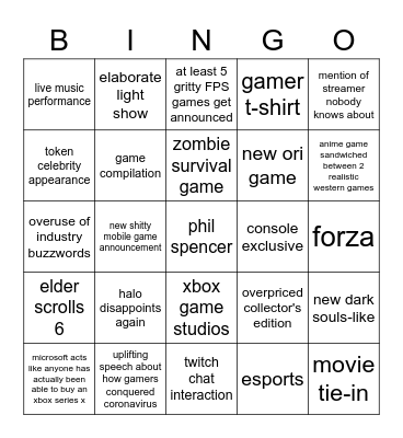 Xbox/Bethesda Bingo Card