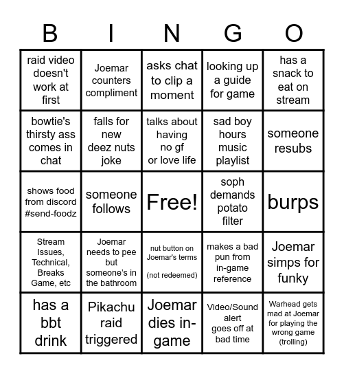 Joemar's Stupid Stream Bingo Card