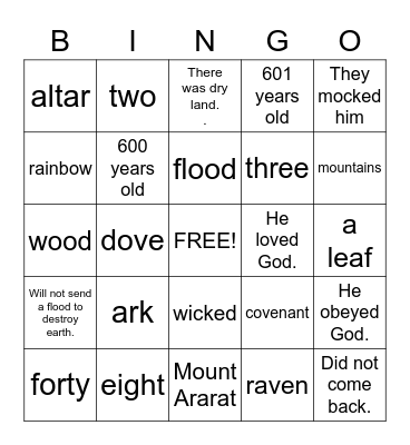 Noah and the Ark Bingo Card