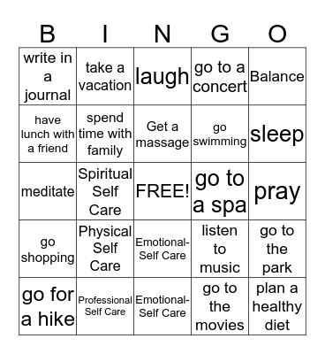 Self-Care Bingo Card