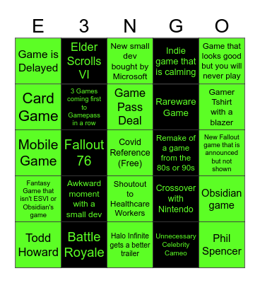 Xbox/Bethesda Bingo Card