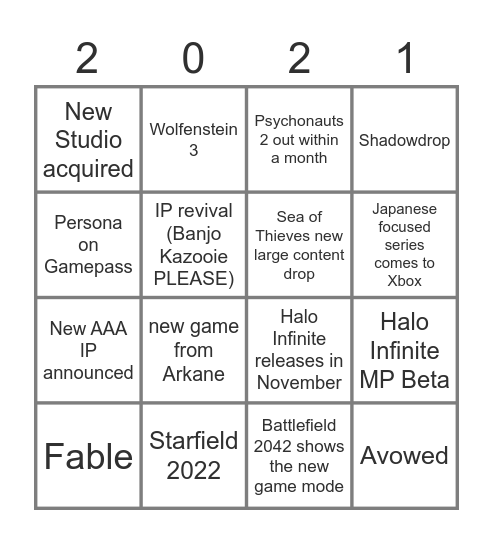 Xbox + Bethesda Bingo Card