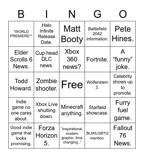 Xbox/Bethesda Bingo Card