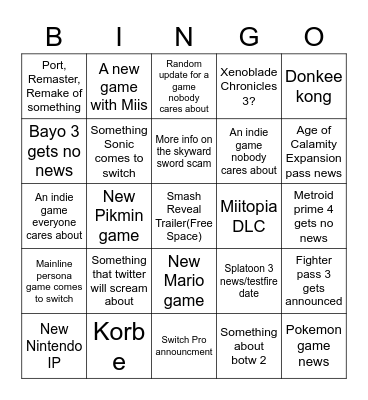 Nintendo E3 Bingo Card