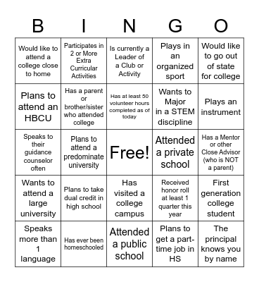 Considering College? Bingo Card